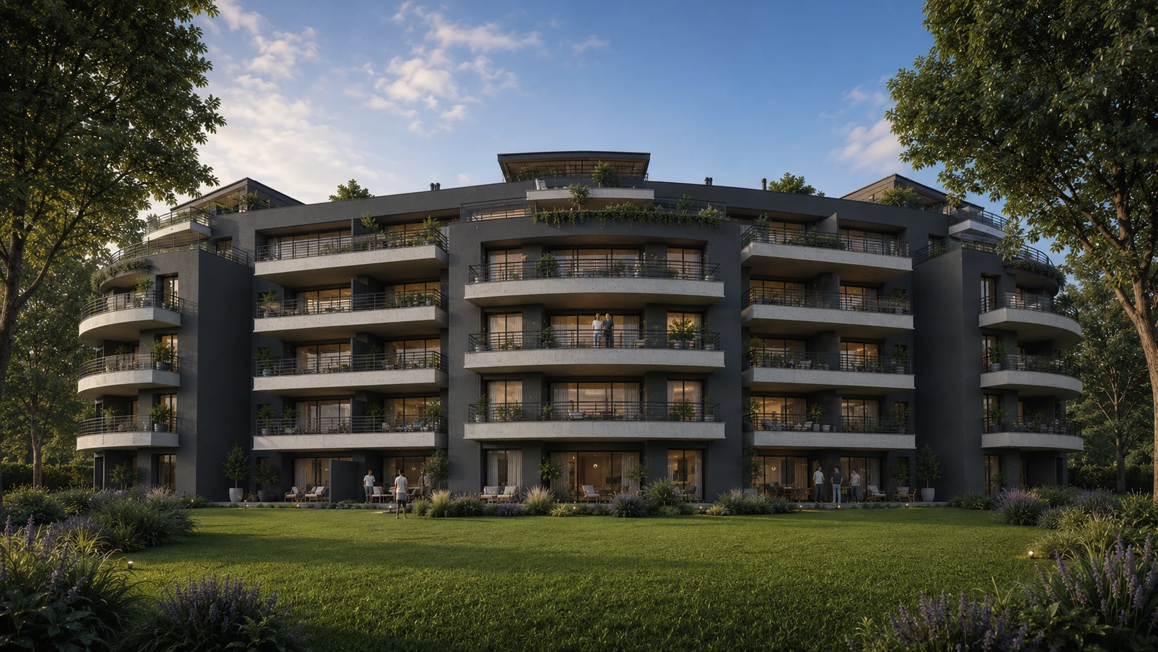 Render de El Faro de Albanueva, arquitectura entre jardines